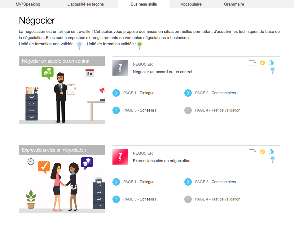 Screenshot of the chapter on negotiation, part of the business unit on the platform. 